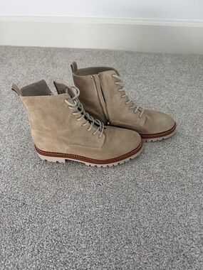 Vince Tan Suede Lace-Up Combat Boots with Side Zip